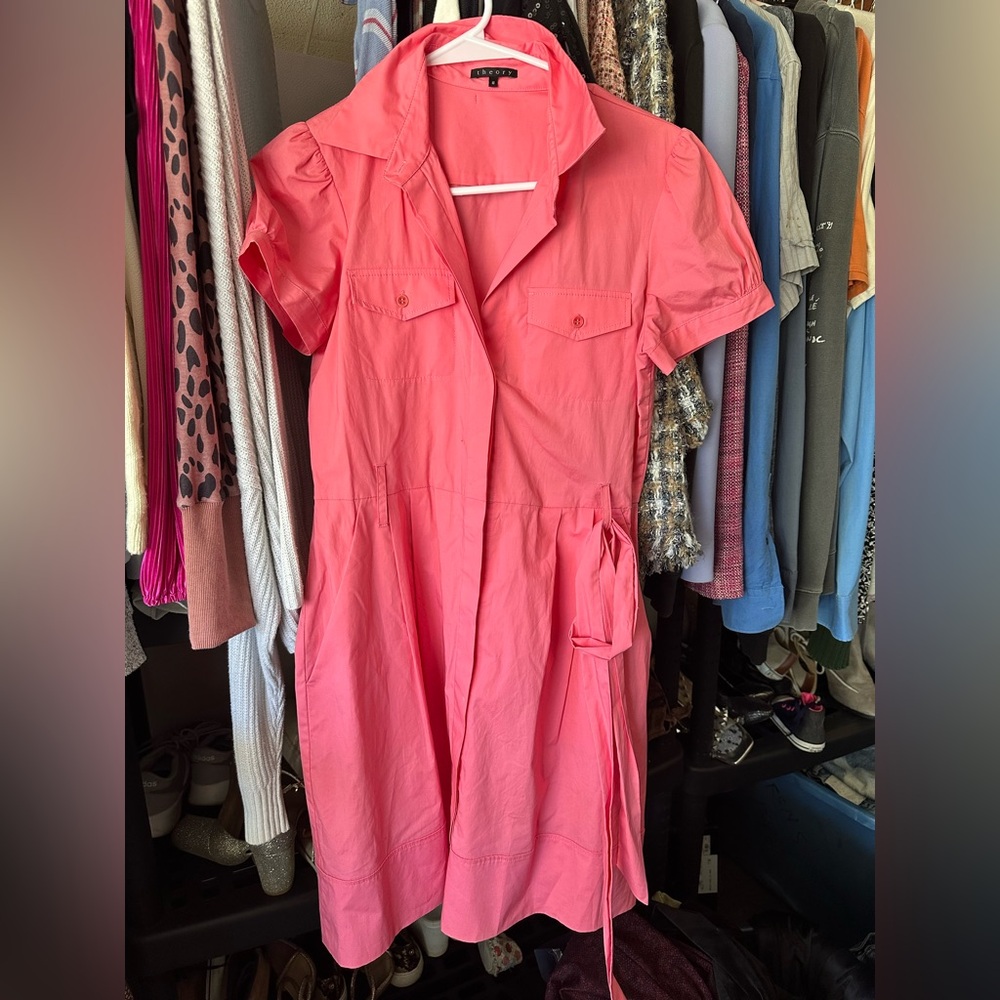 THEORY good linen Pink Short Sleeve Belted Dress